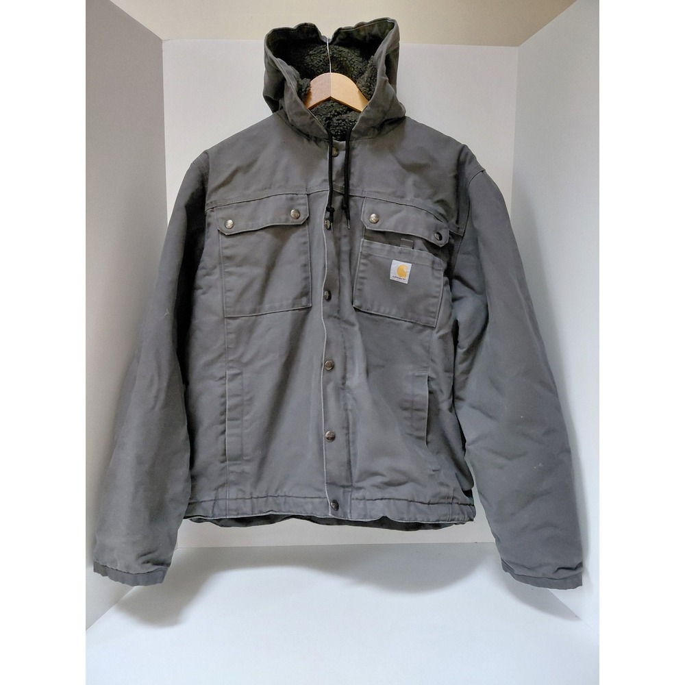 Carhartt Mens Relaxed Fit Sherpa Lined Duck Hooded BartlettJacket Gray Large